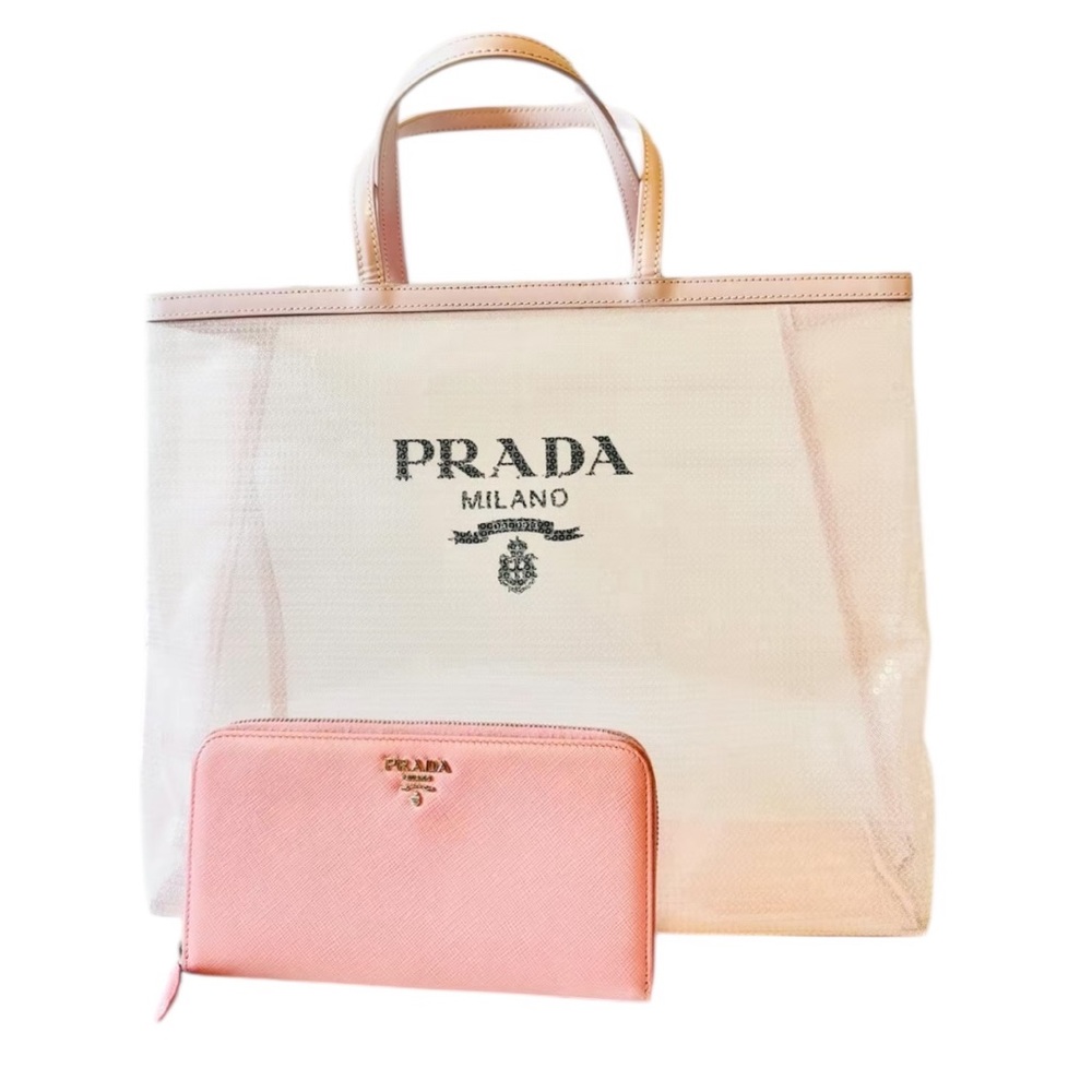 Bundle PRADA Mesh Pink Sequin Rete Paillettes Tote Bag and Saffiano Zip Wallet